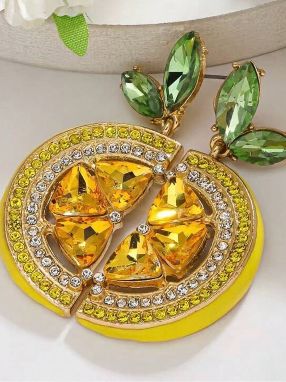 Gold-Tone Yellow & Green Crystal Slice Drop Earrings - Picture 4 of 5